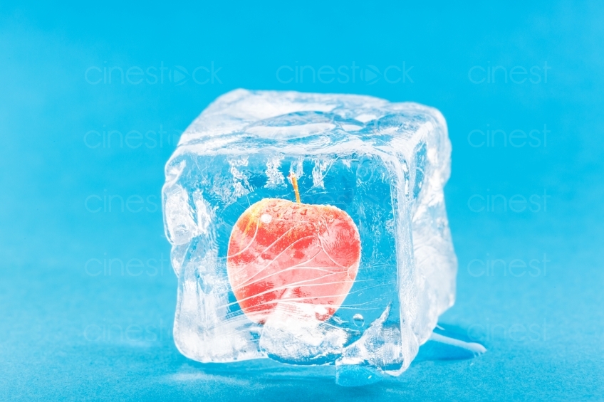 Apfel im Eiswürfel vor blauem Hintergrund 20130114