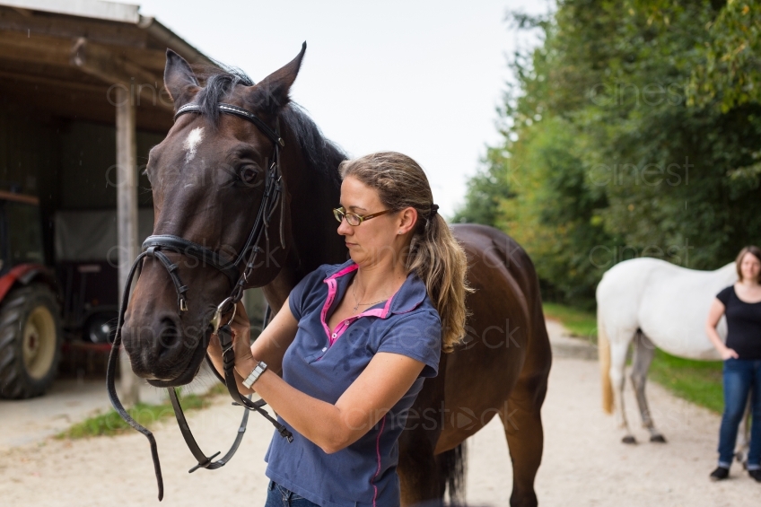Frau bindet Pferd an 20150913-0894 