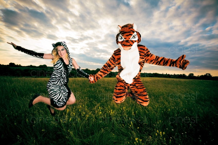 Frau im Zebrakostüm und ein Tigermaskottchen 20110602_0853