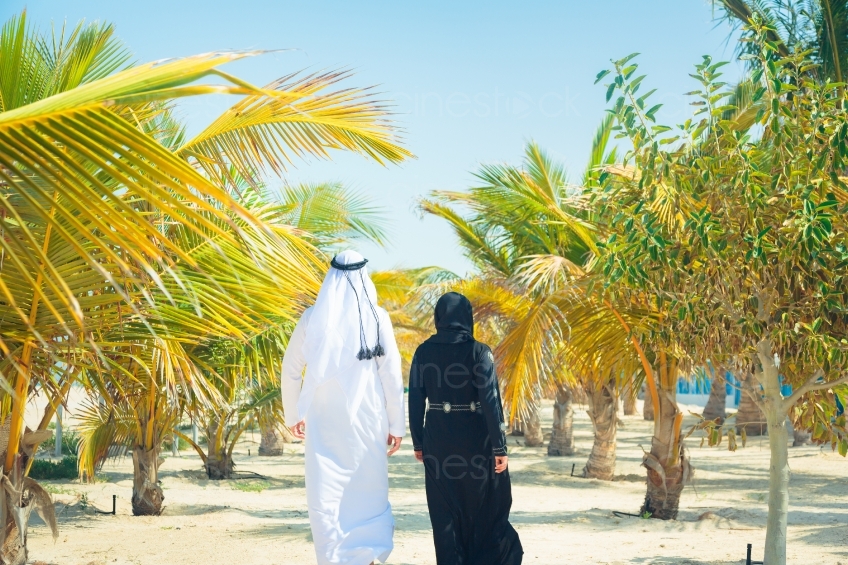 muslimisches Paar zwischen Palmen Rückenansicht 20140313-3850
